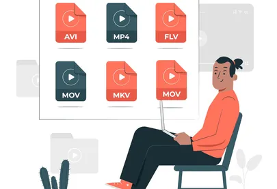 Man sitting with computer and video icons