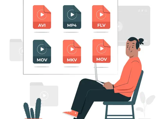 Man sitting with computer and video icons