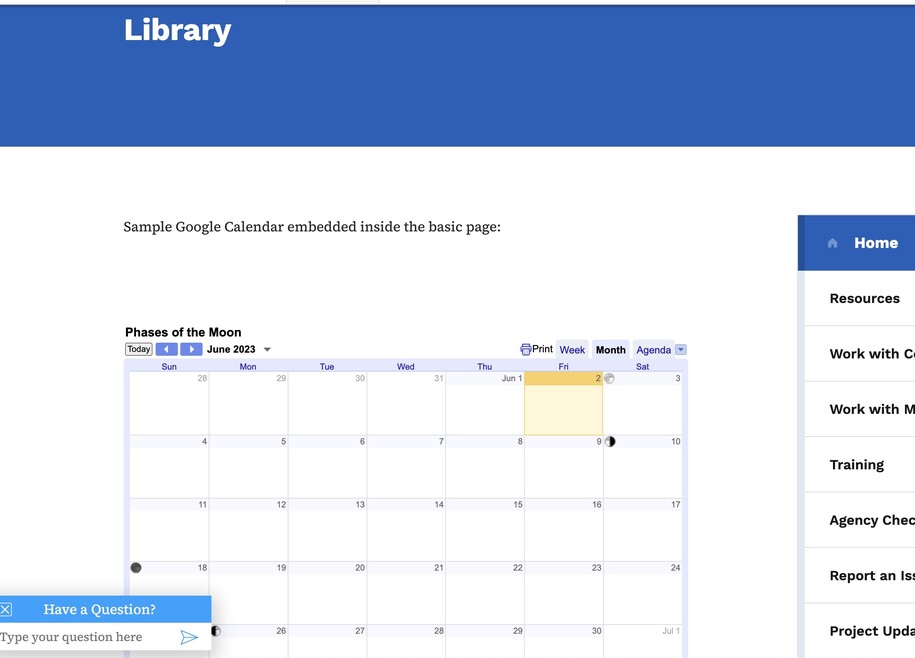The Google Calendar is now embedded on your basic page