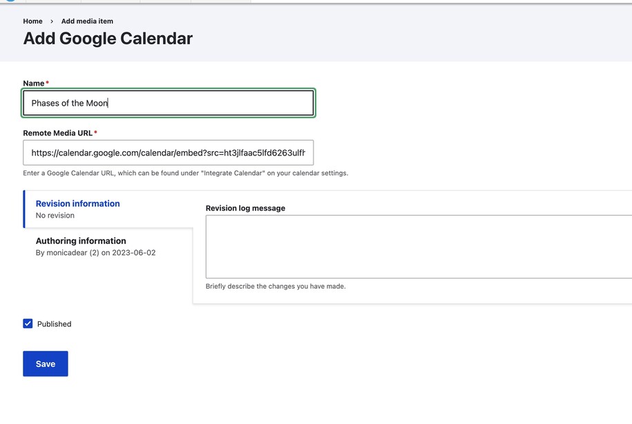 Choose the media library item of type Google Calendar to add that  URL