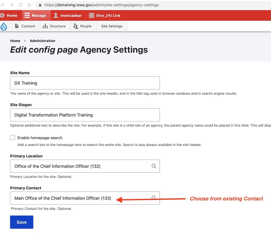 Site Settings, Agency Settings, choose a Primary Contact