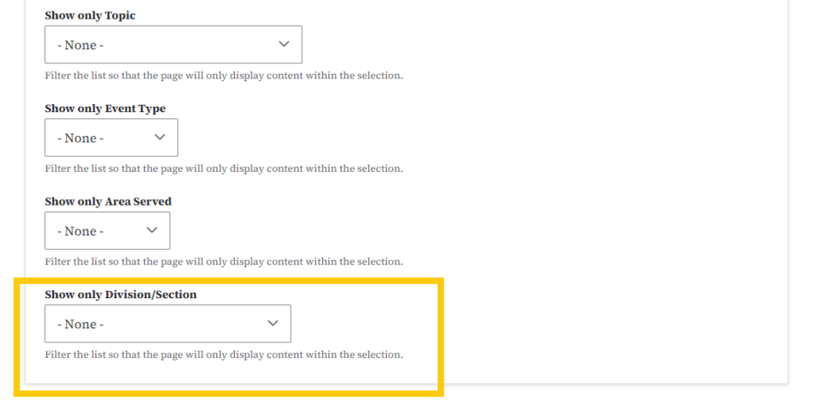 division section filter listing pages