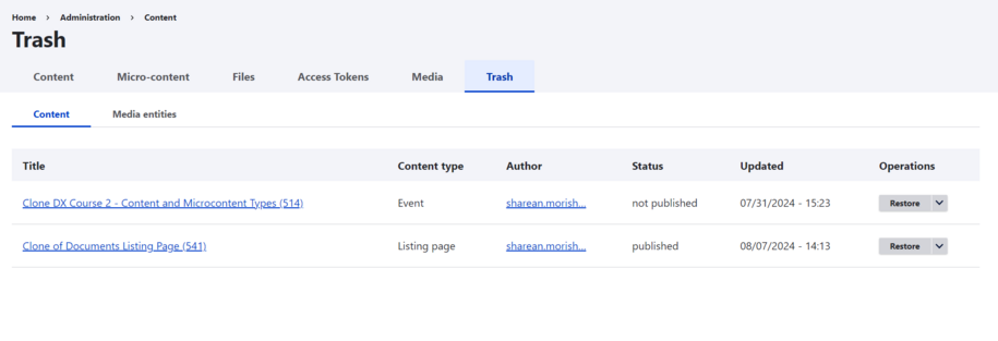 locating the trashcan inside of the content tab