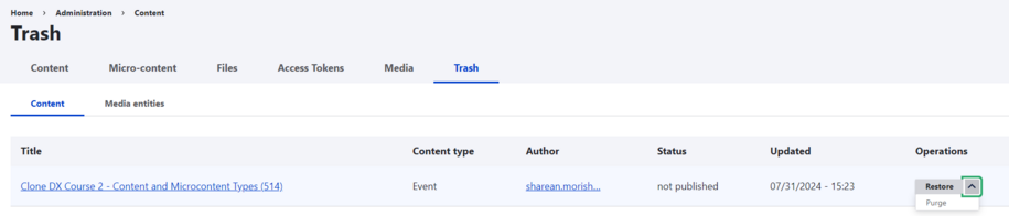 locating the purge button to delete from the trash can