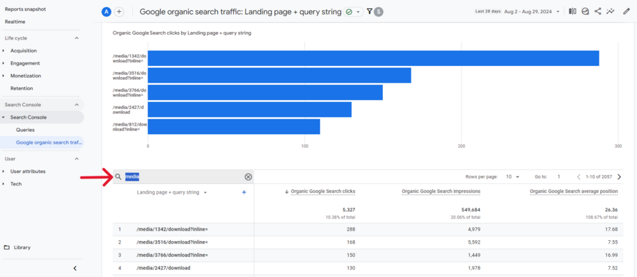 use media in search field to filter documents in the report