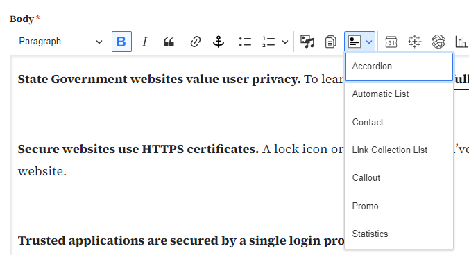 example of the insert from component library button for embedding microcontent