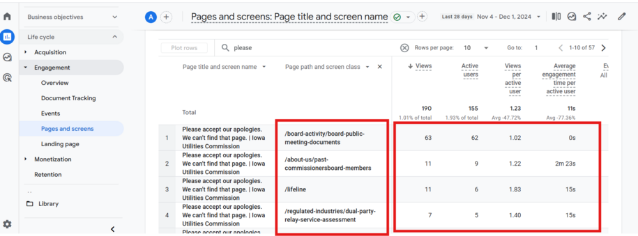 Page path and screen class example