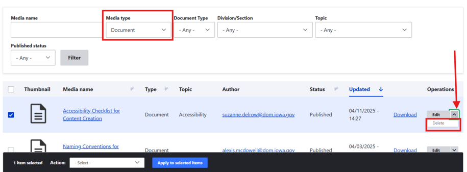 Managing documents in the media library