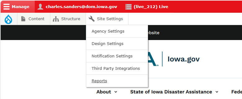 Screenshot of Drupal admin menu dropdown with Site Settings submenu