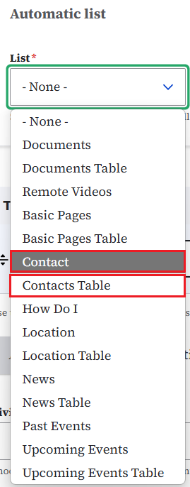 Listing page of contacts