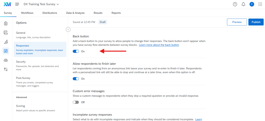 Qualtrics survey responses settings