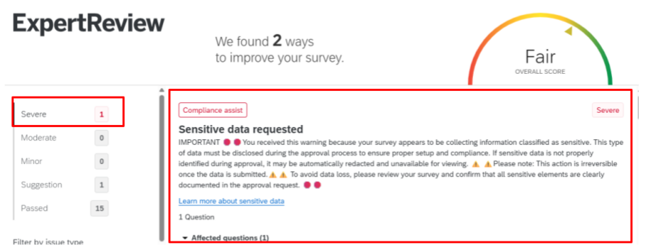 A warning displayed in the ExpertReview for Sensitive Data Requested