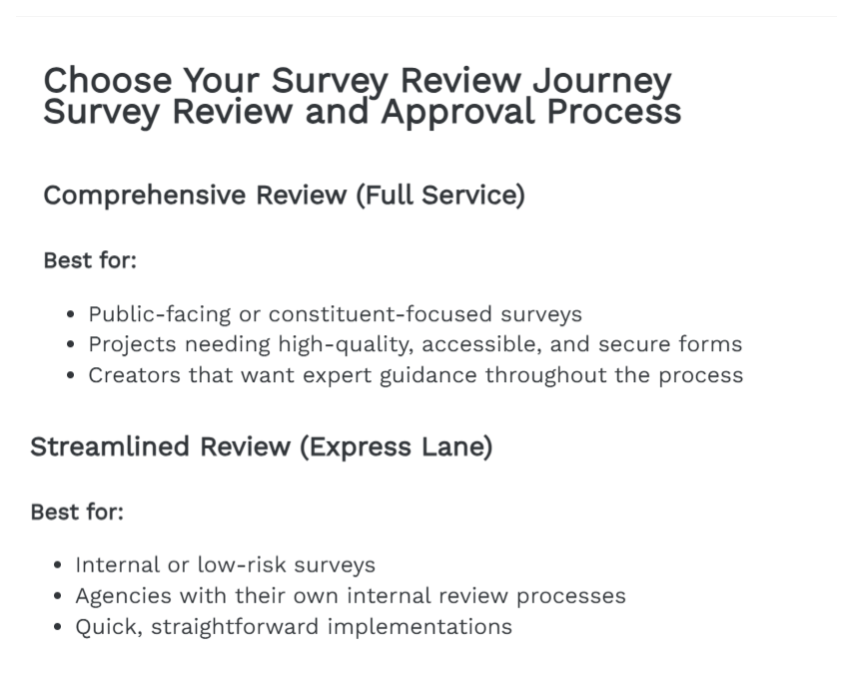 A screen shot of Choose Your Survey Review Journey Form.
