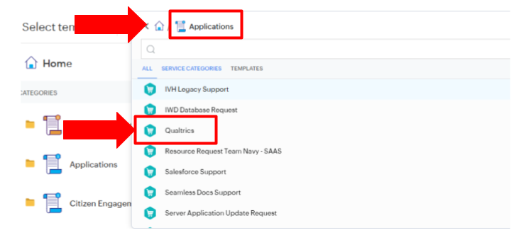 A screenshot on how to navigate through the Service Catalog. 