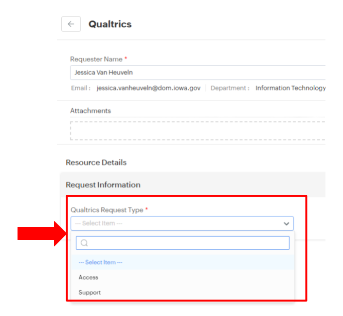A screen shot of the view of the Qualtrics request type.