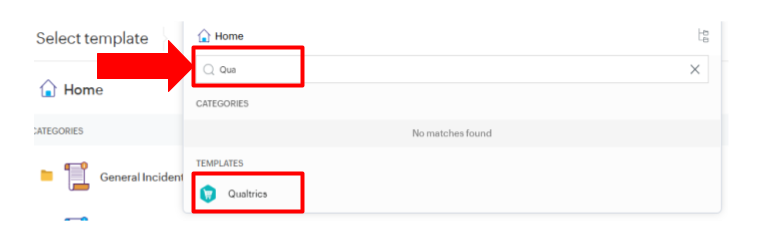 A screen shot to show how to search Qualtrics in the ServiceDesk Plus Catalog. 