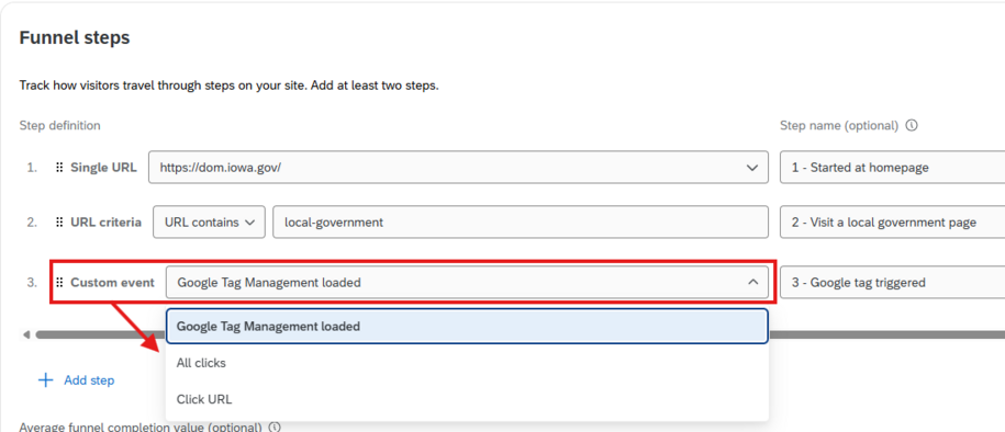 Qualtrics funnels step custom event