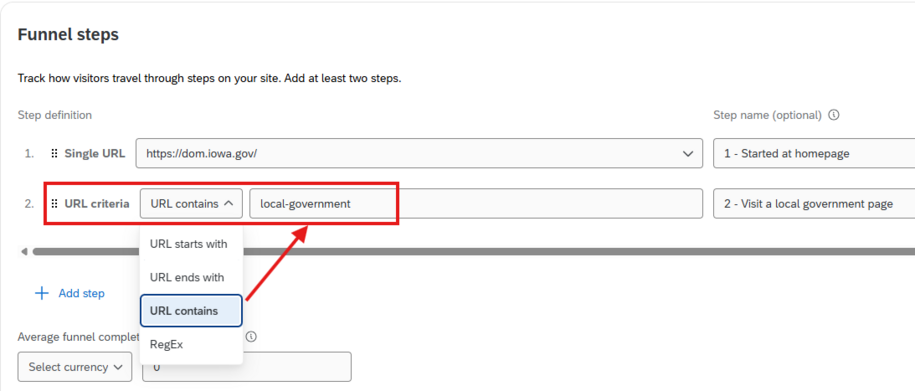 Qualtrics funnels step url criteria