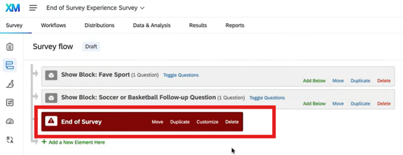 Qualtrics Survey edit leftside bar menu with dropdown for end of survey messages customization location