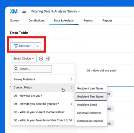 Qualtrics Add filter located underneath the Data Table