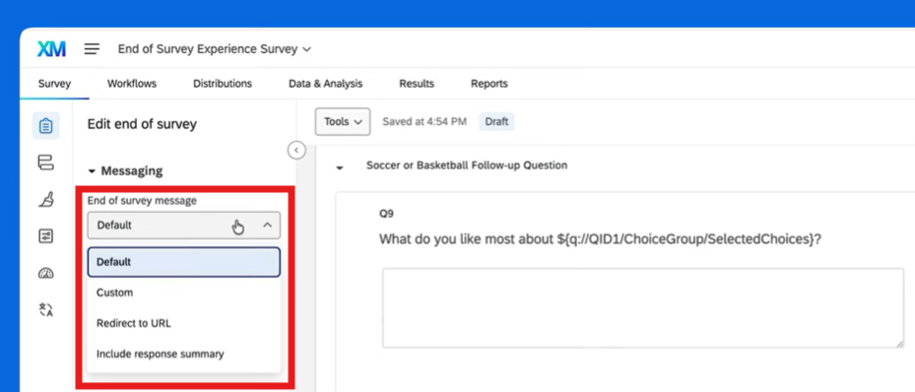 Qualtrics Survey edit leftside bar menu with dropdown for end of survey messages