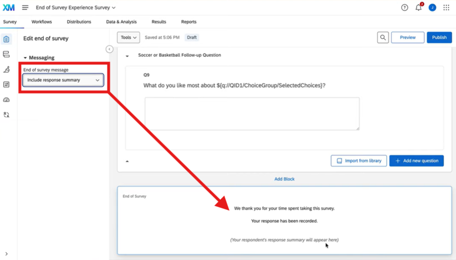 Qualtrics Survey edit leftside bar menu with dropdown for end of survey messages for editing the response summary