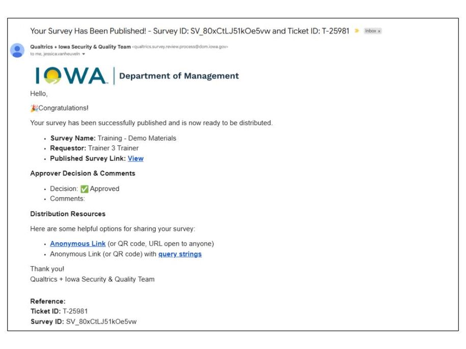 Congratulations email confirming the survey has been successfully published, with the approver’s decision marked Approved, and distribution resources including an Anonymous Link and an Anonymous Link with query strings.