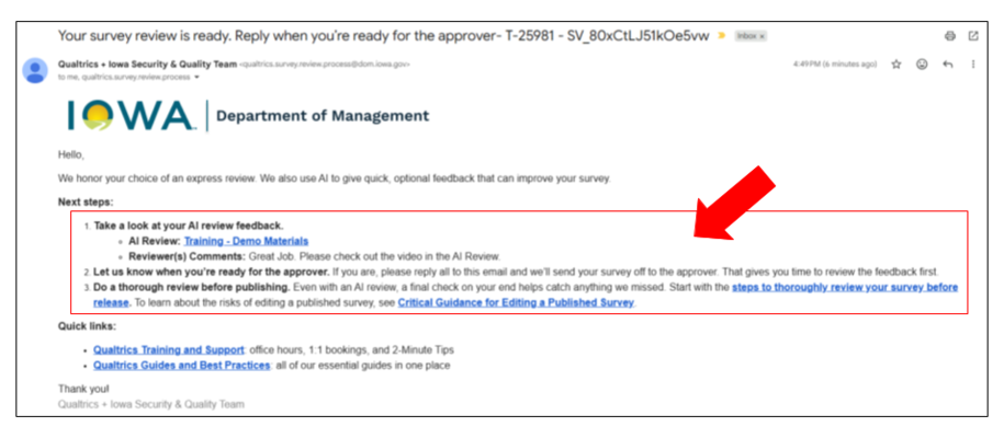 Express Lane AI review email showing next steps: review your AI feedback and video, reply when ready for the approver, and do a final check before publishing.