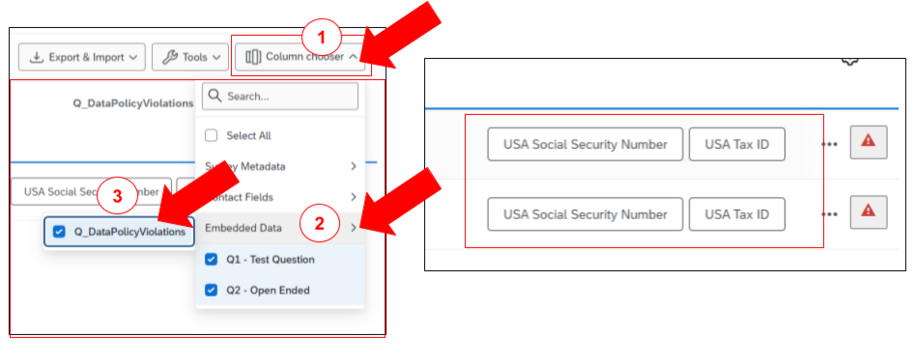 Three steps to add the Q_DataPolicyViolations column: click Column chooser, open Embedded Data, then check Q_DataPolicyViolations. The resulting column shows which policy field, like USA Social Security Number or USA Tax ID, triggered each red warning triangle.