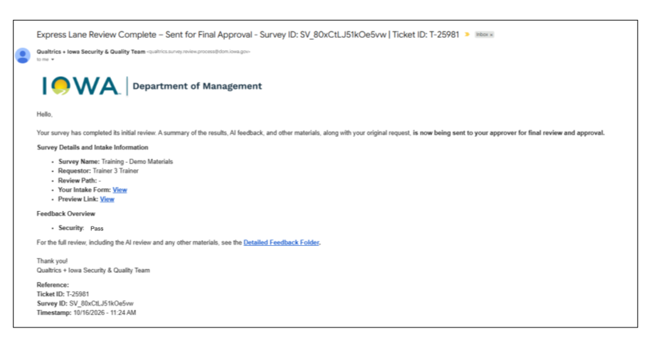 Confirmation email showing the survey review is complete and has been sent to the approver for final review, with intake form and preview links and a Detailed Feedback Folder link.