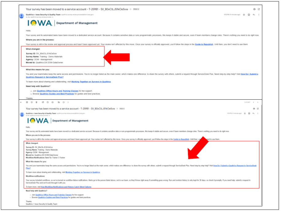 Two service account move emails. The first shows what changed and what it means for the owner. The second adds workflow notifications: failure alerts go to a named contact, and run history is kept 30 days.